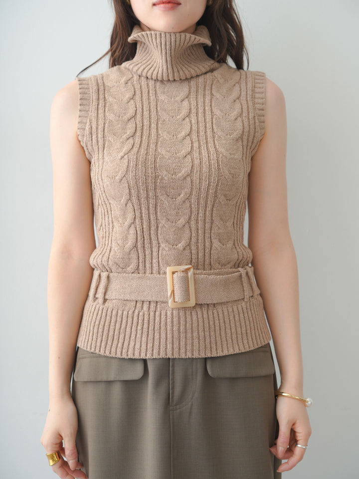 [予約]ベルト付ケーブルノースリニットトップス/beige