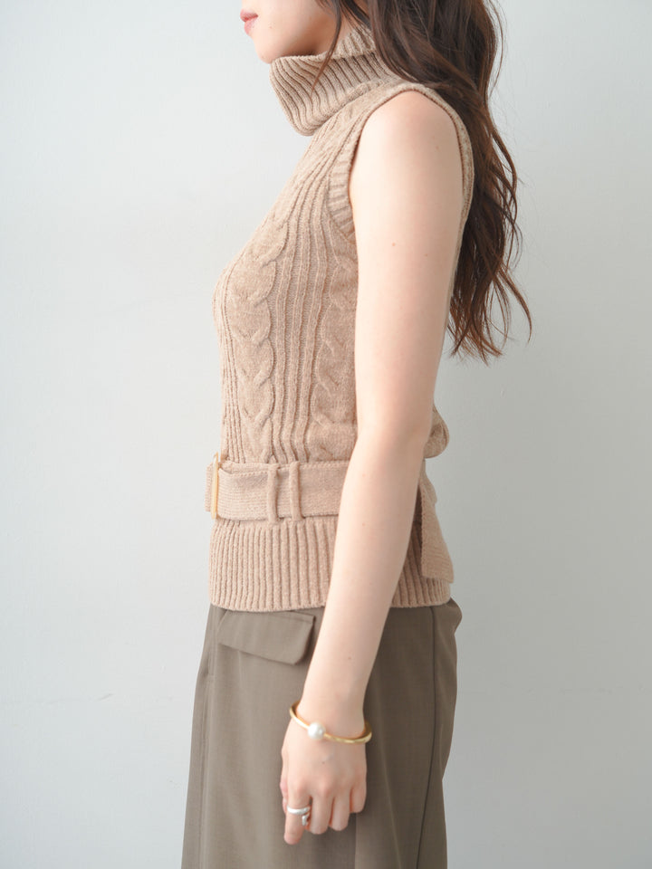 [予約]ベルト付ケーブルノースリニットトップス/beige