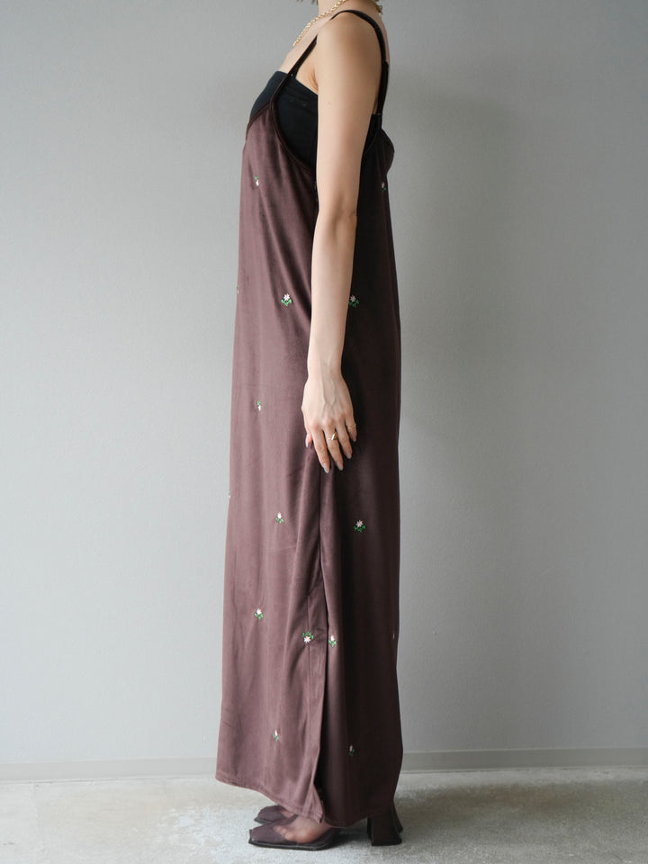 [予約]フラワー刺繍ベロアキャミワンピース/ブラウン