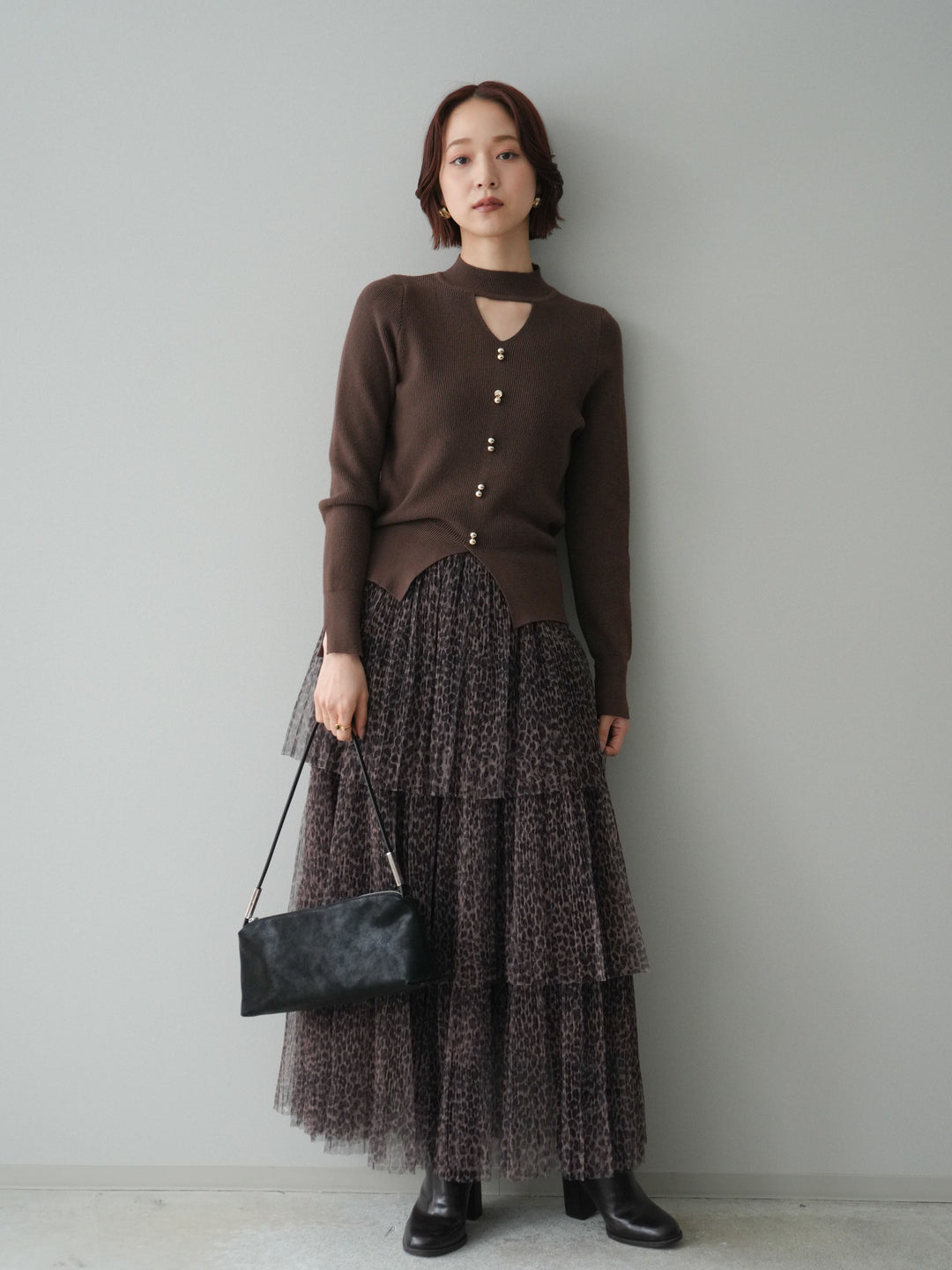 [予約]レオパード柄チュールフリルスカート/brown
