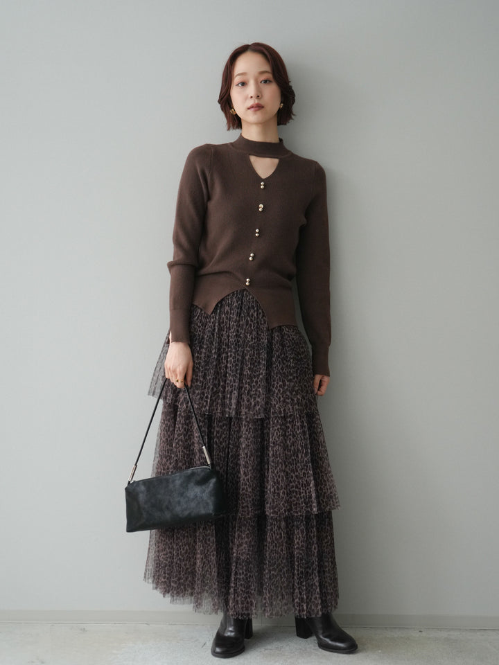[予約]レオパード柄チュールフリルスカート/brown