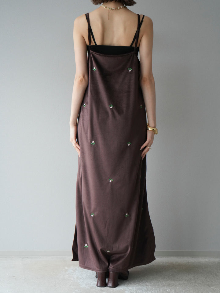 [予約]フラワー刺繍ベロアキャミワンピース/ブラウン