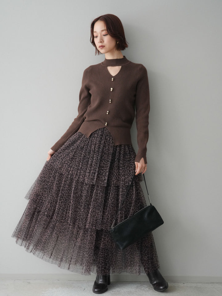 [予約]レオパード柄チュールフリルスカート/brown