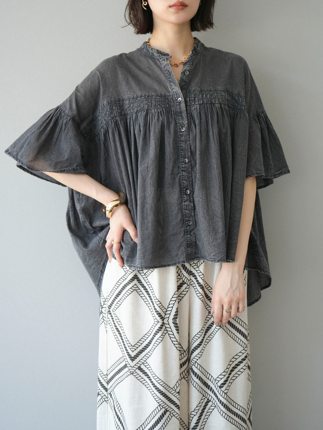 [予約]インド製コットンボイルシアービンテージデニムシャツ/ブラック