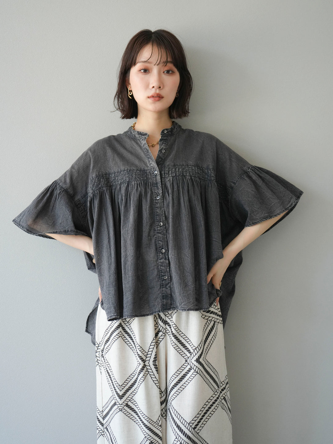 [予約]インド製コットンボイルシアービンテージデニムシャツ/ブラック