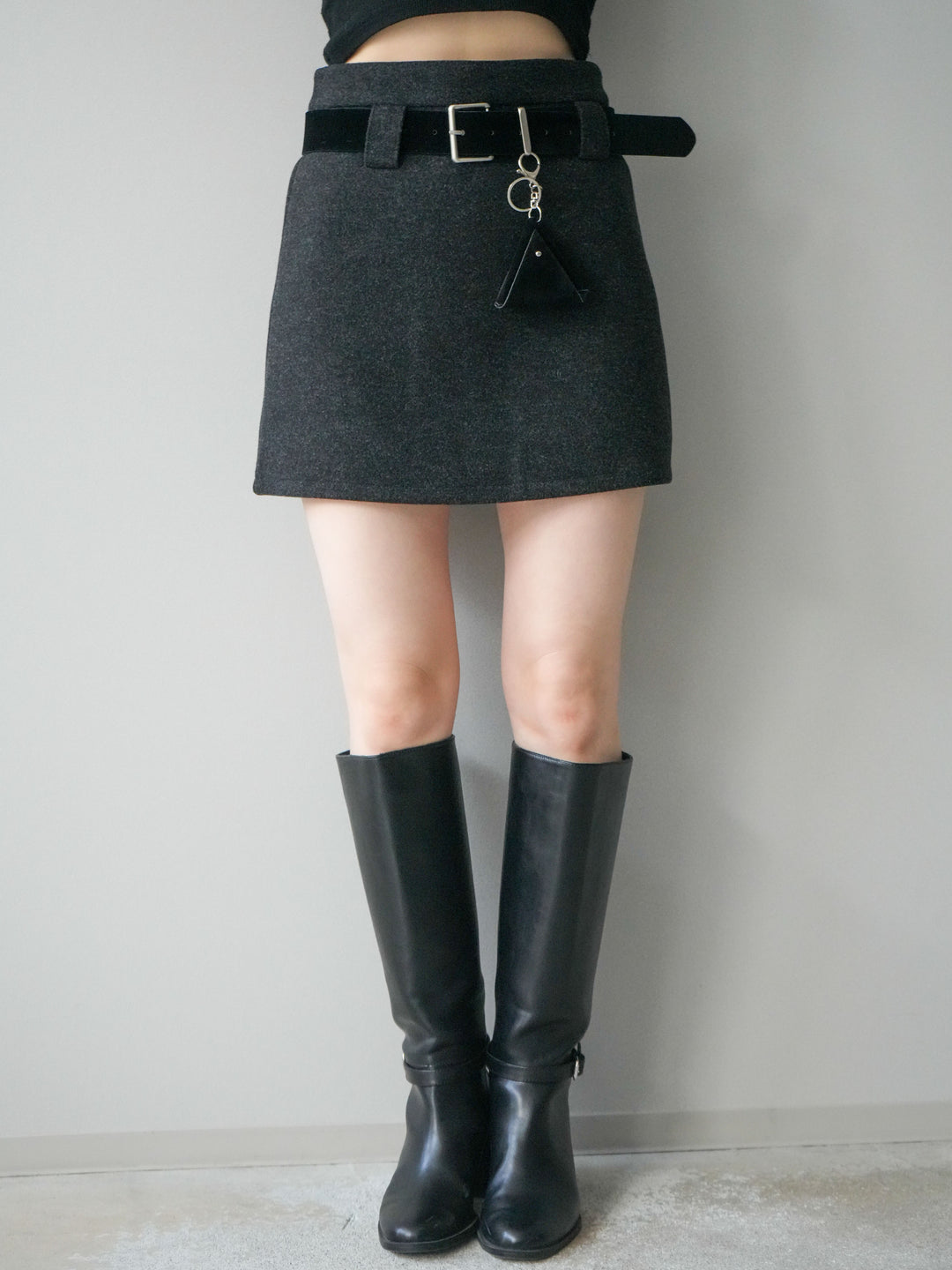 [予約]ウールタッチベルト付ミニスカート/black