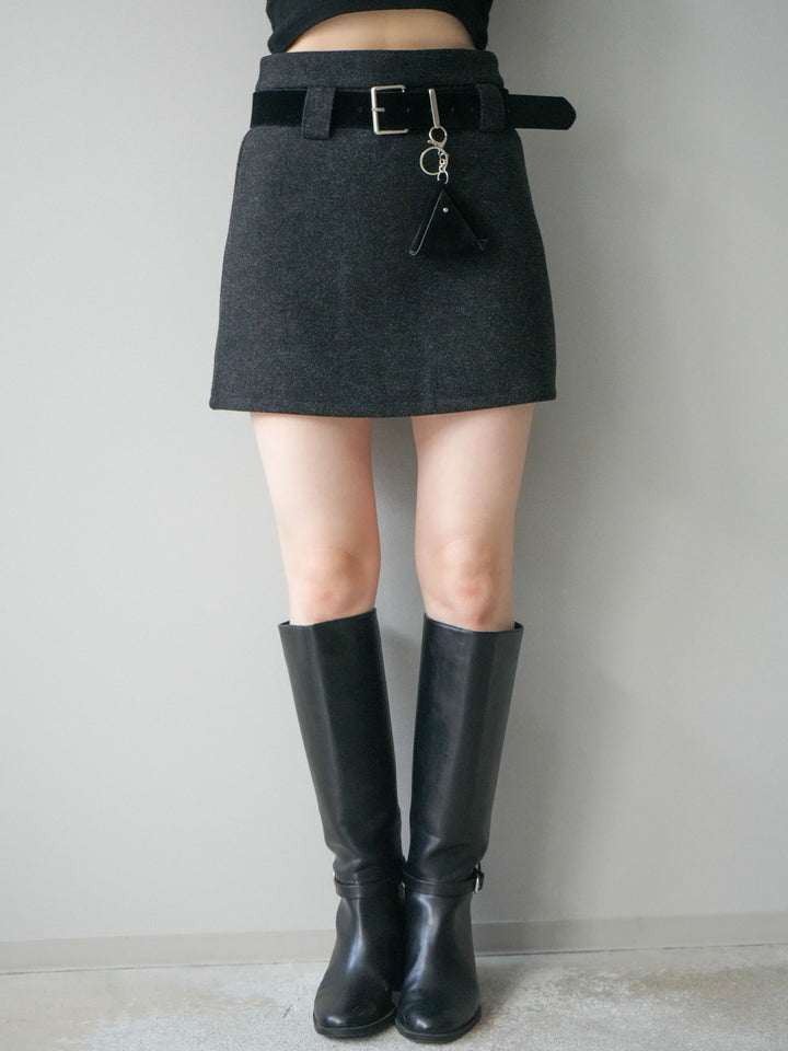 [予約]ウールタッチベルト付ミニスカート/black