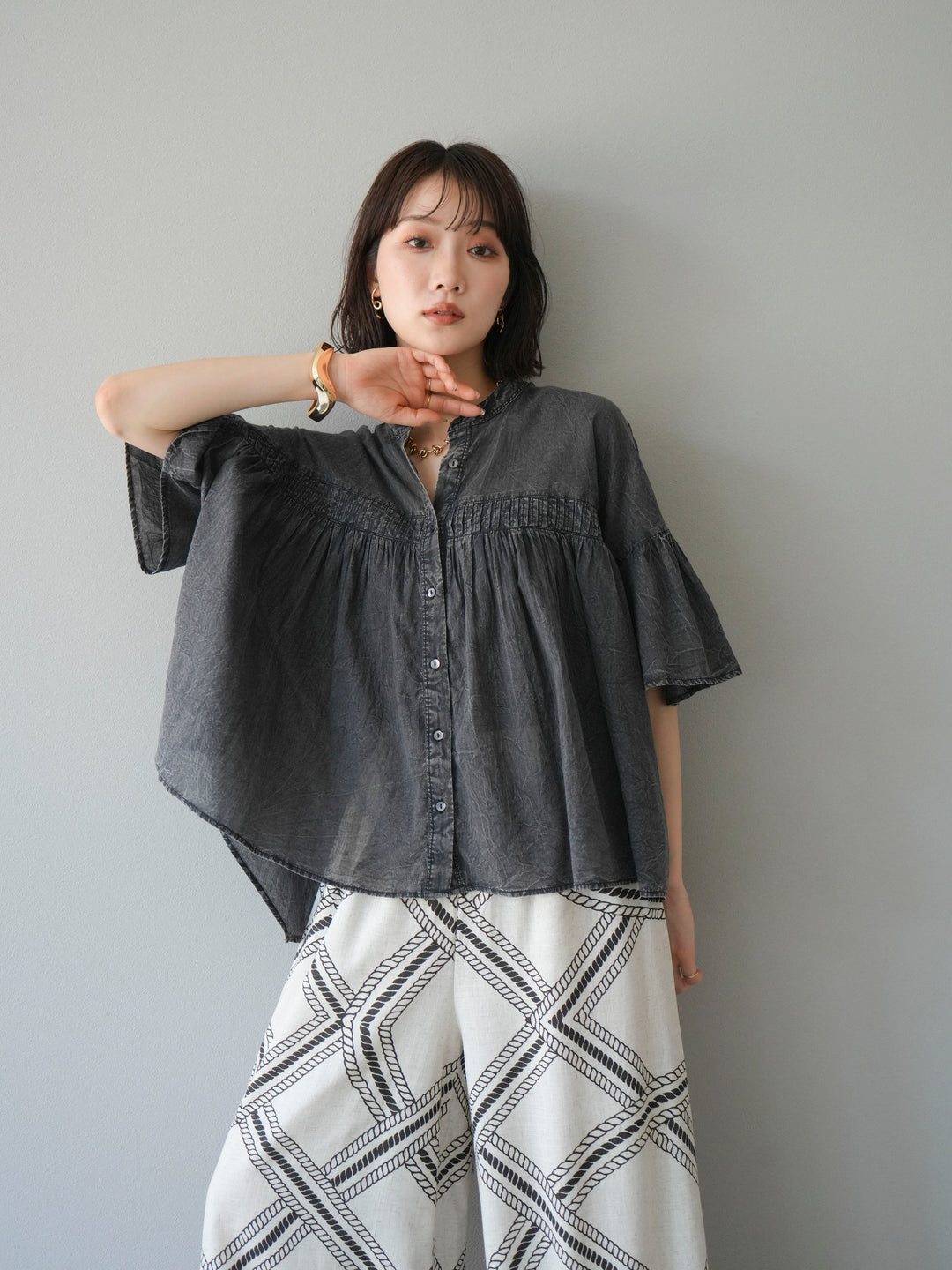 [予約]インド製コットンボイルシアービンテージデニムシャツ/ブラック