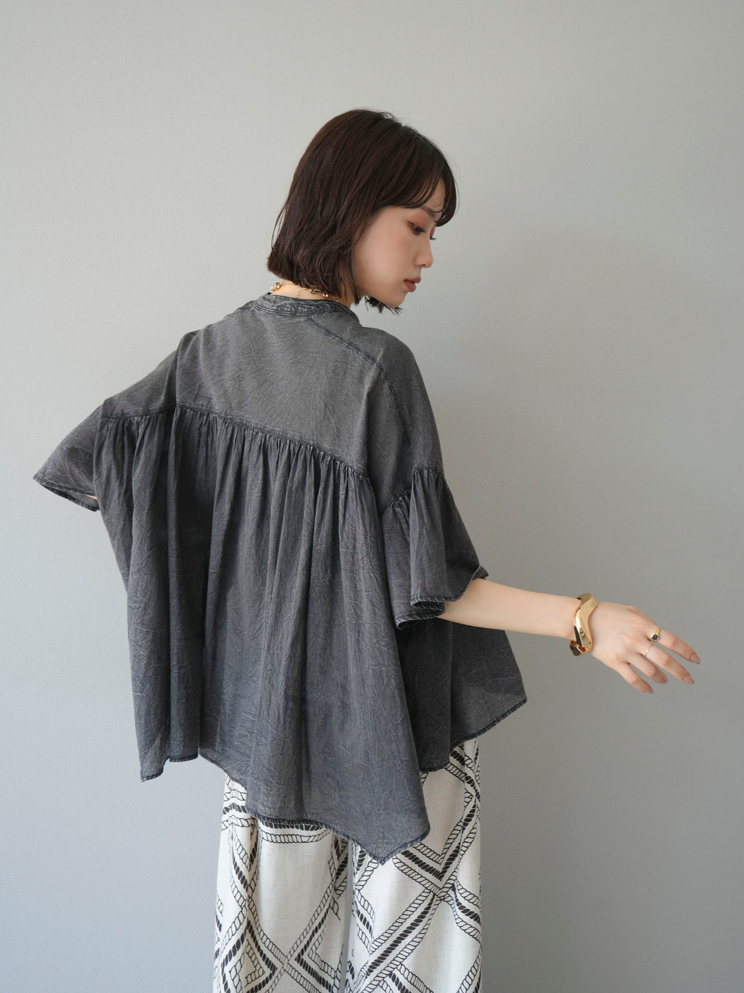 [予約]インド製コットンボイルシアービンテージデニムシャツ/ブラック