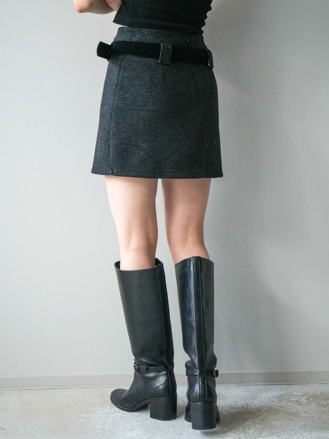 [予約]ウールタッチベルト付ミニスカート/black