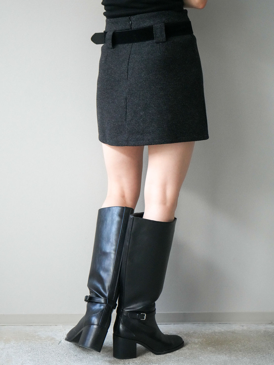 [予約]ウールタッチベルト付ミニスカート/black