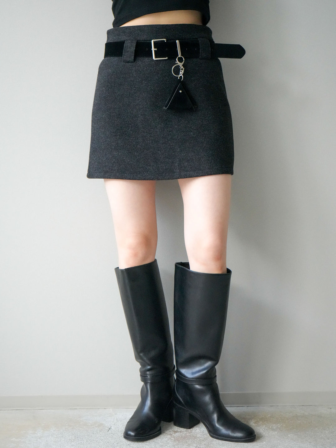 [予約]ウールタッチベルト付ミニスカート/black