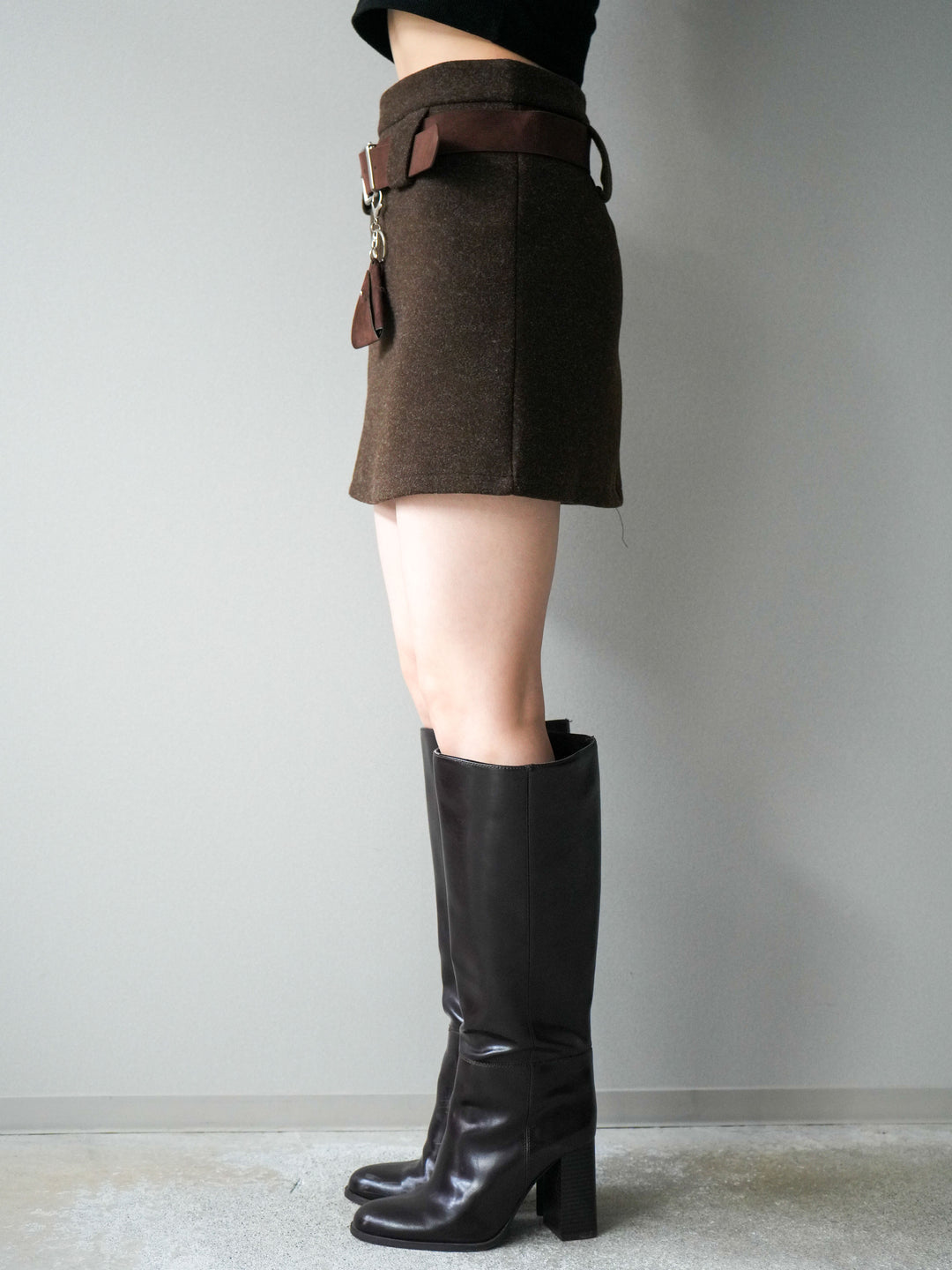 [予約]ウールタッチベルト付ミニスカート/brown