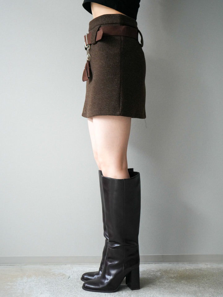 [予約]ウールタッチベルト付ミニスカート/brown