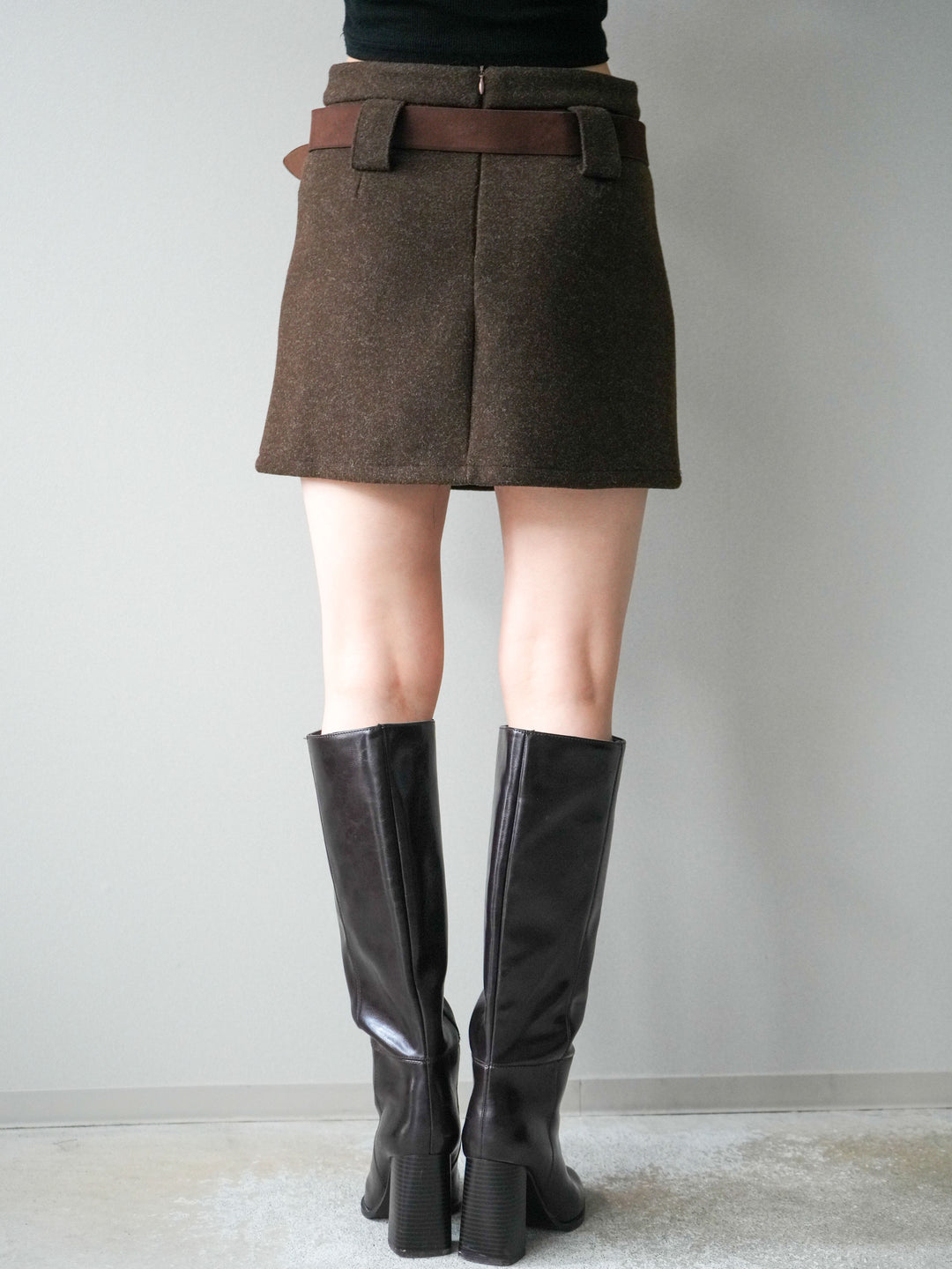 [予約]ウールタッチベルト付ミニスカート/brown