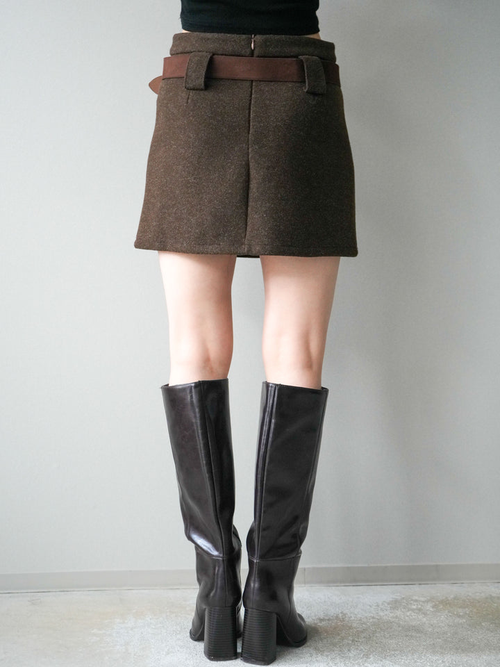 [予約]ウールタッチベルト付ミニスカート/brown