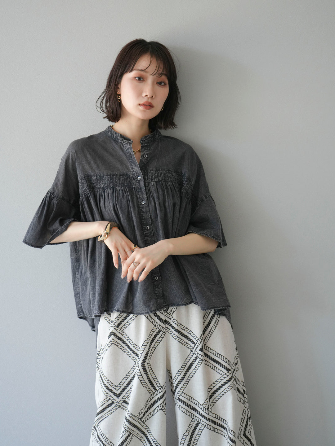 [予約]インド製コットンボイルシアービンテージデニムシャツ/ブラック