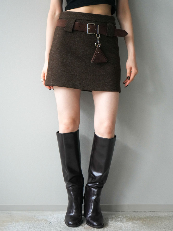 [予約]ウールタッチベルト付ミニスカート/brown