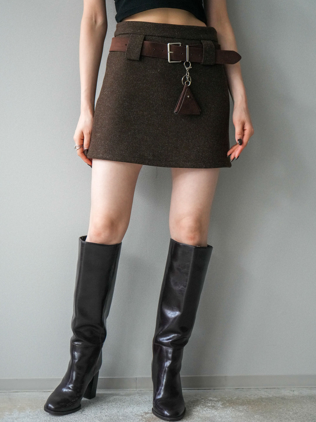 [予約]ウールタッチベルト付ミニスカート/brown