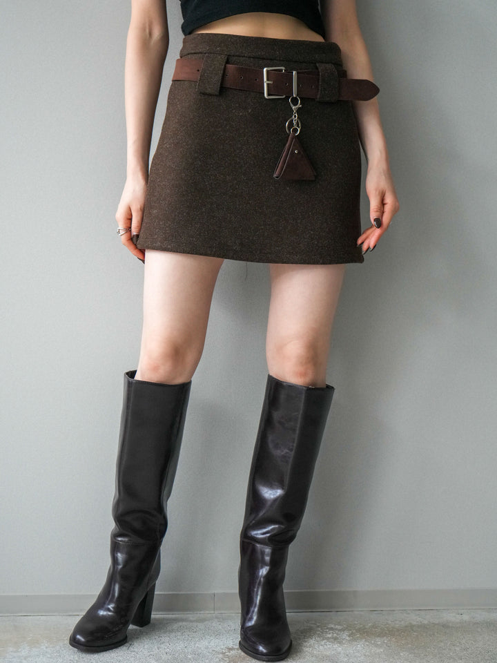 [予約]ウールタッチベルト付ミニスカート/brown