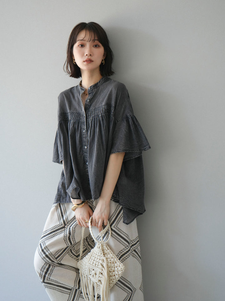 [予約]インド製コットンボイルシアービンテージデニムシャツ/ブラック