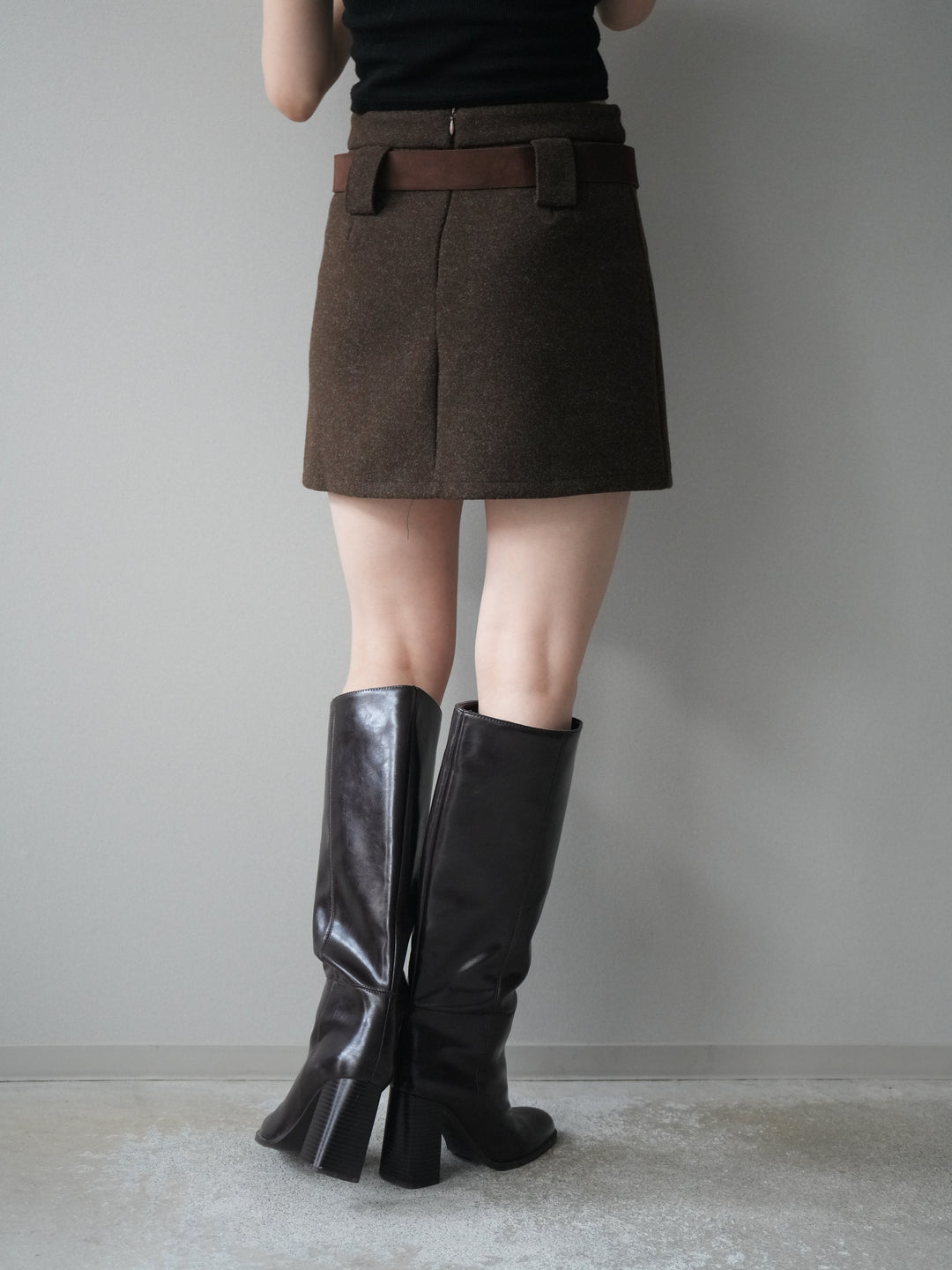 [予約]ウールタッチベルト付ミニスカート/brown