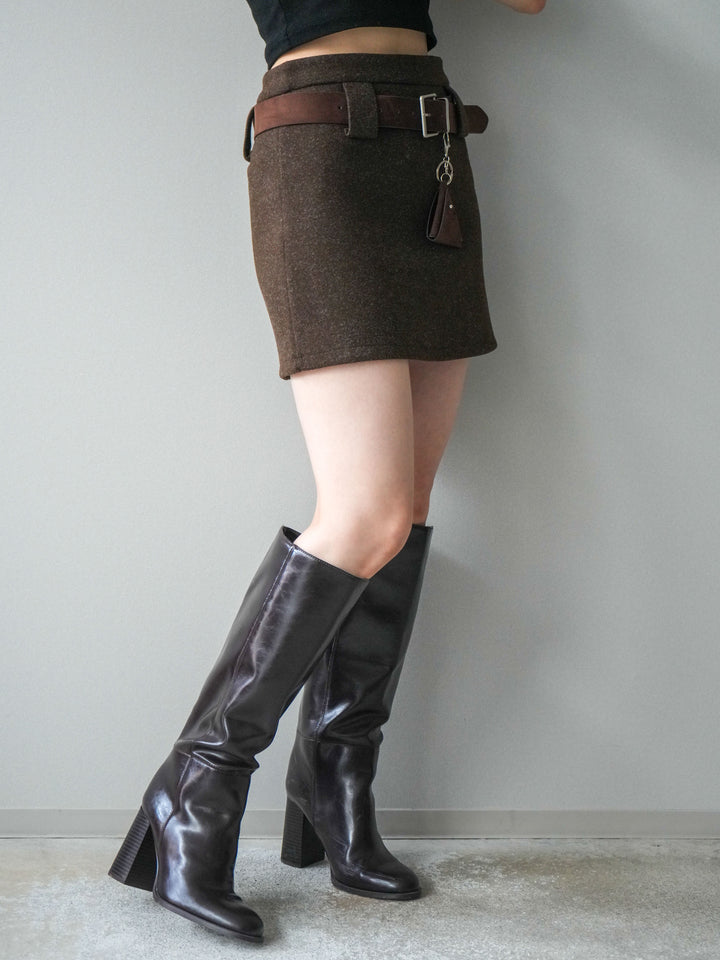 [予約]ウールタッチベルト付ミニスカート/brown