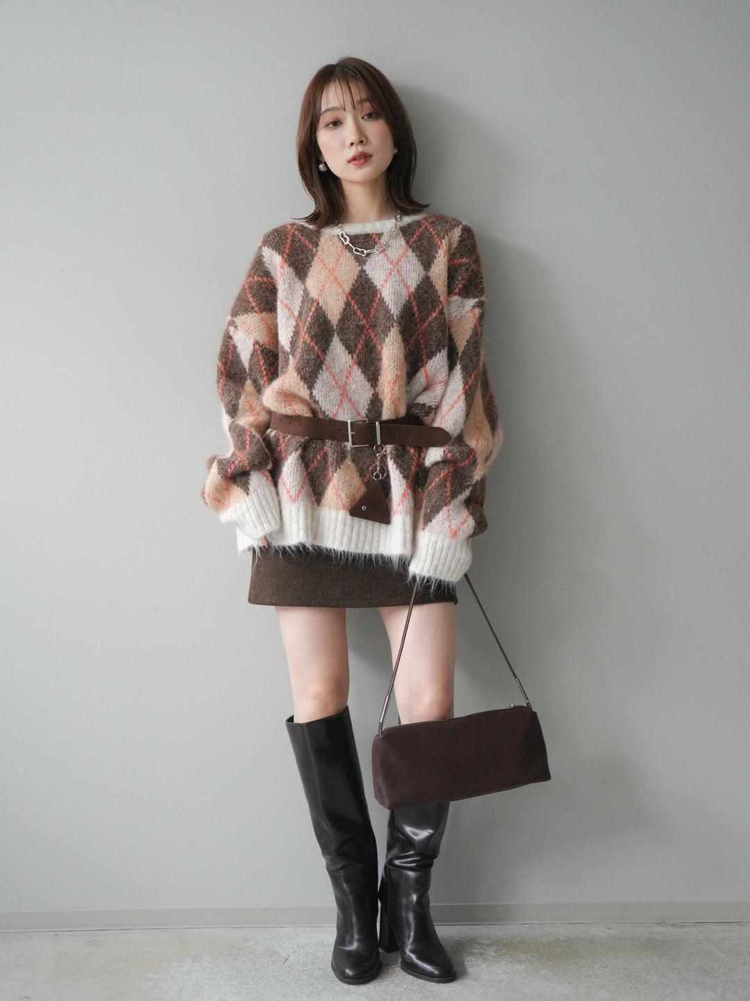 [予約]ウールタッチベルト付ミニスカート/brown