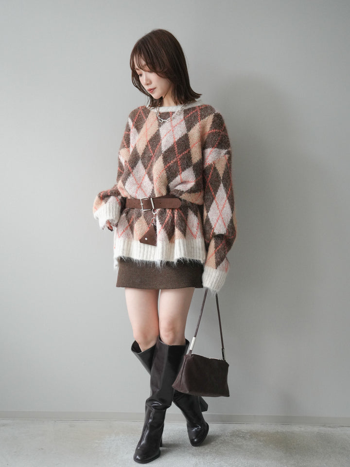 [予約]ウールタッチベルト付ミニスカート/brown