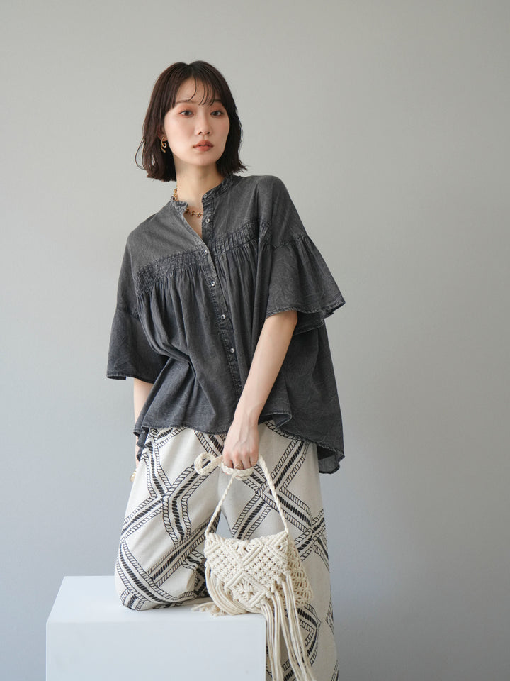 [予約]インド製コットンボイルシアービンテージデニムシャツ/ブラック