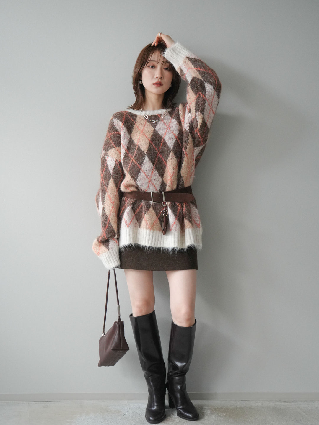 [予約]ウールタッチベルト付ミニスカート/brown