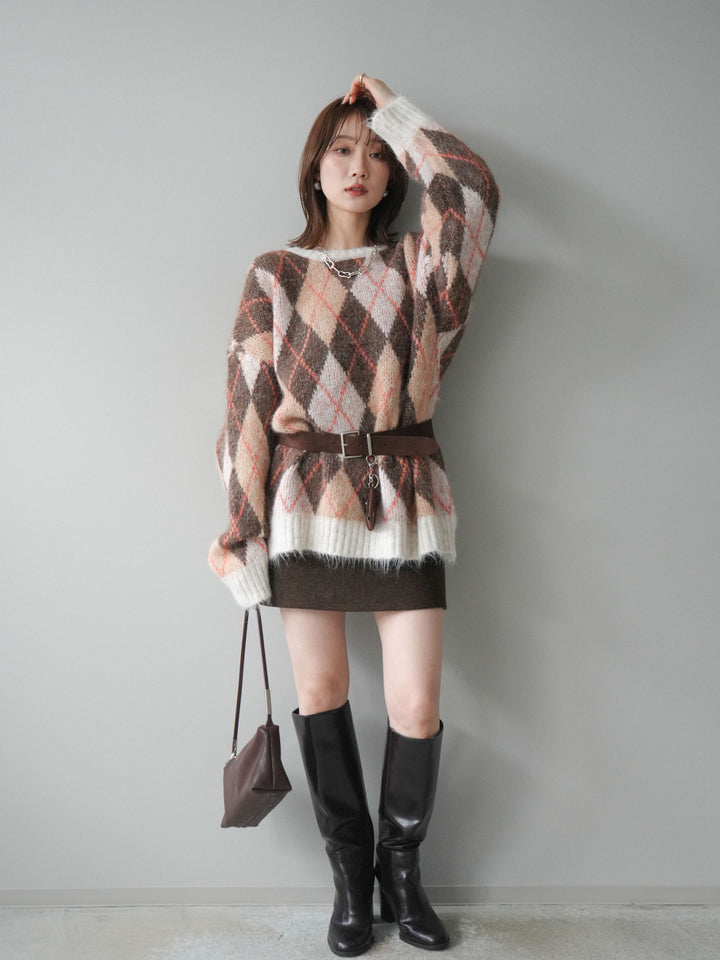 [予約]ウールタッチベルト付ミニスカート/brown