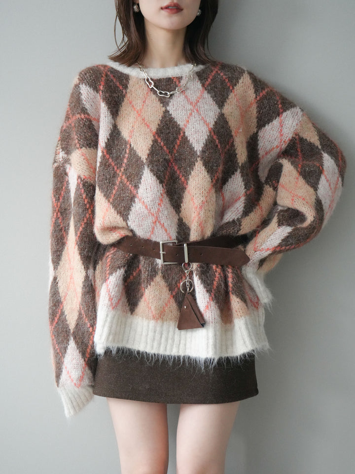 [予約]モヘアタッチアーガイル柄オーバーニットプルオーバー/brown