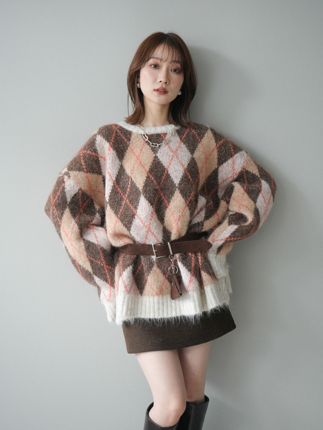 [予約]モヘアタッチアーガイル柄オーバーニットプルオーバー/brown