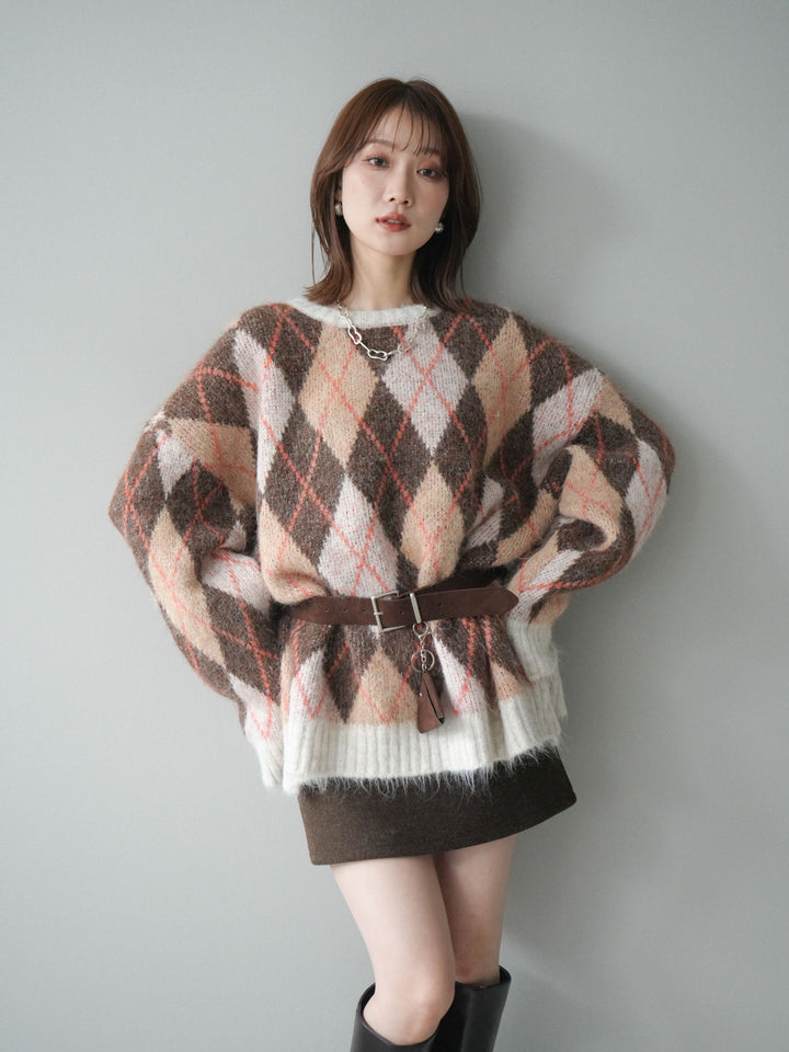 [予約]モヘアタッチアーガイル柄オーバーニットプルオーバー/brown