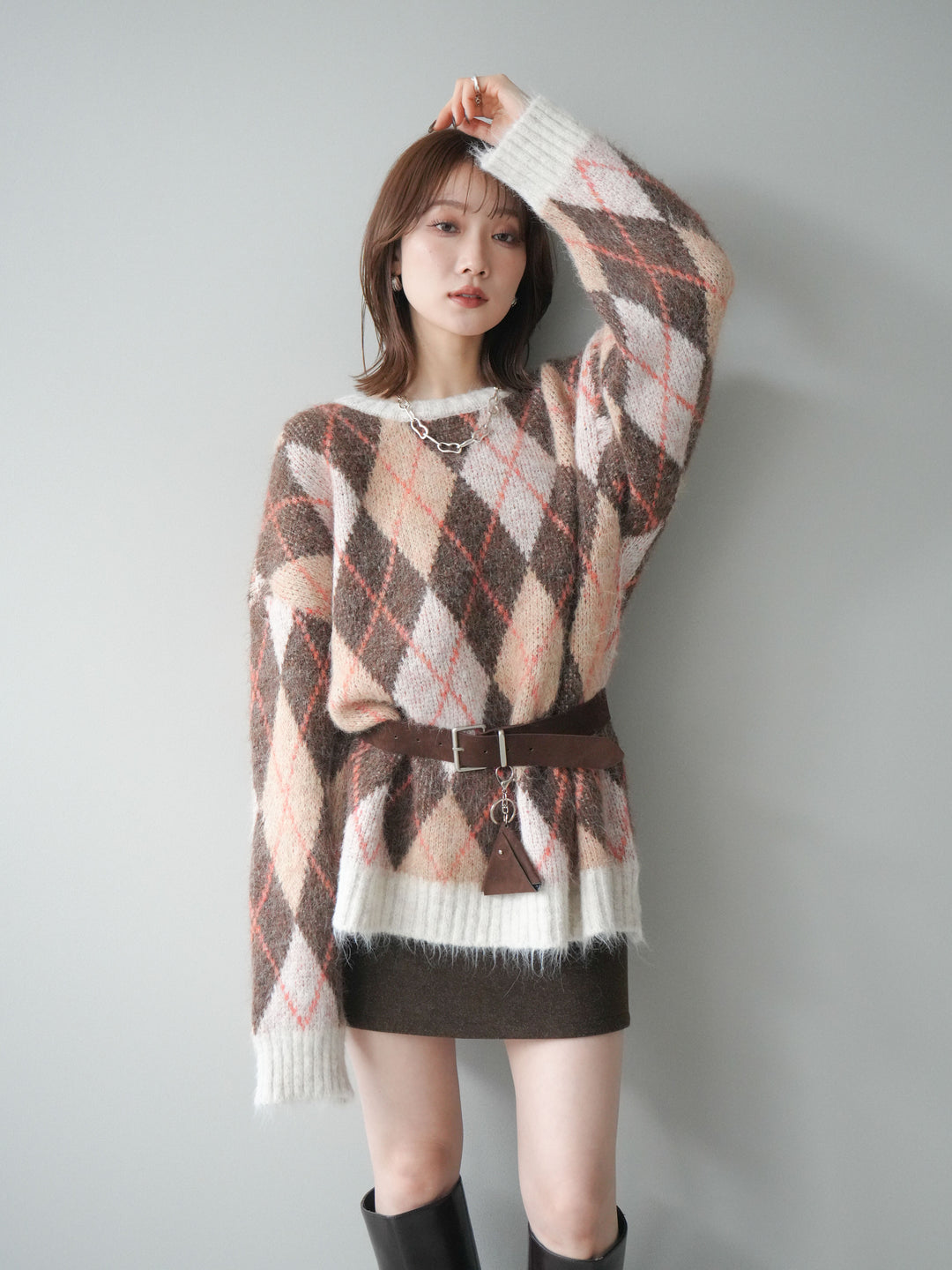 [予約]モヘアタッチアーガイル柄オーバーニットプルオーバー/brown