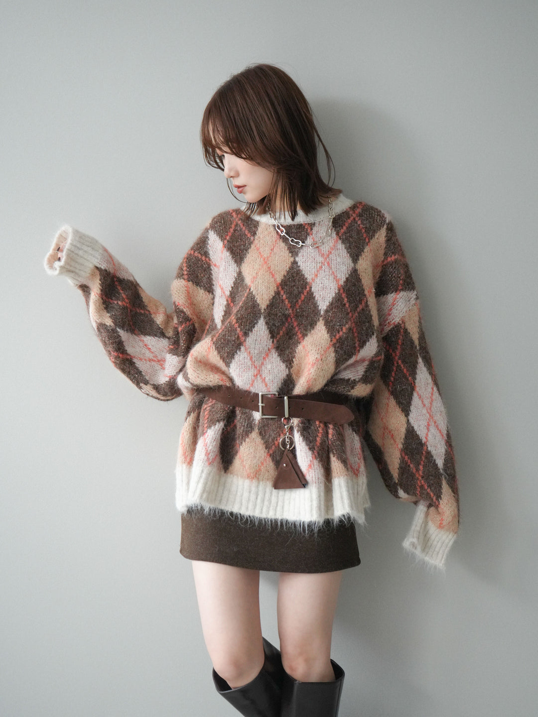 [予約]モヘアタッチアーガイル柄オーバーニットプルオーバー/brown