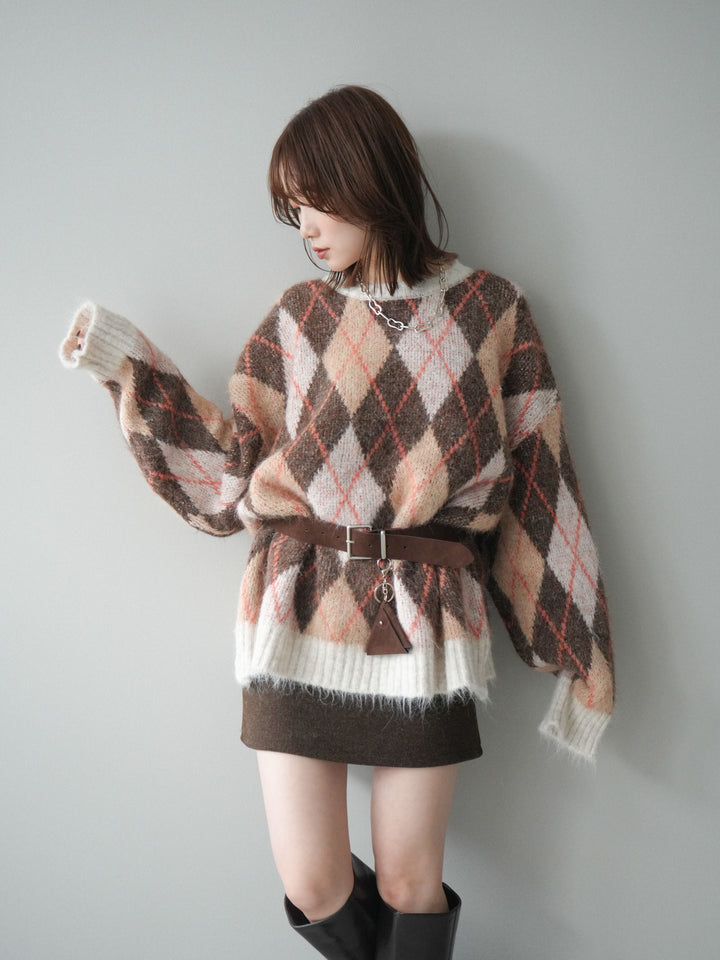 [予約]モヘアタッチアーガイル柄オーバーニットプルオーバー/brown
