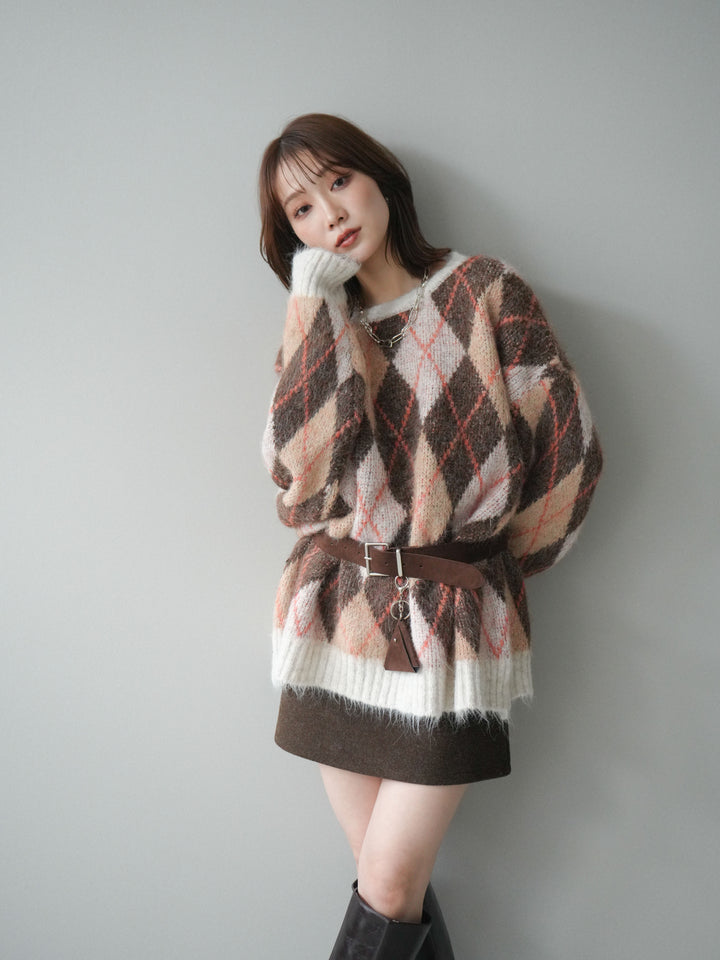 [予約]モヘアタッチアーガイル柄オーバーニットプルオーバー/brown
