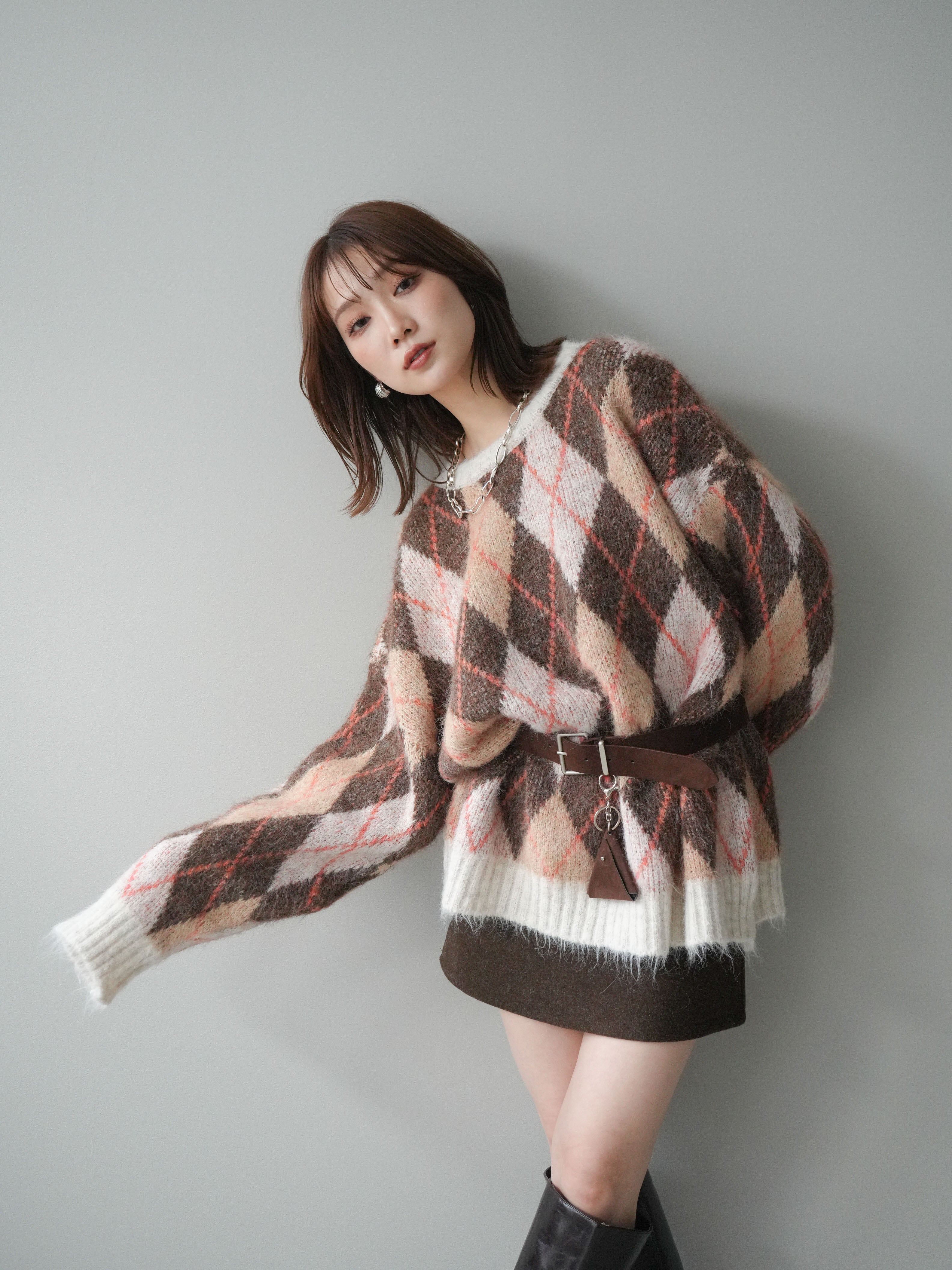 予約]モヘアタッチアーガイル柄オーバーニットプルオーバー/brown – Lumier