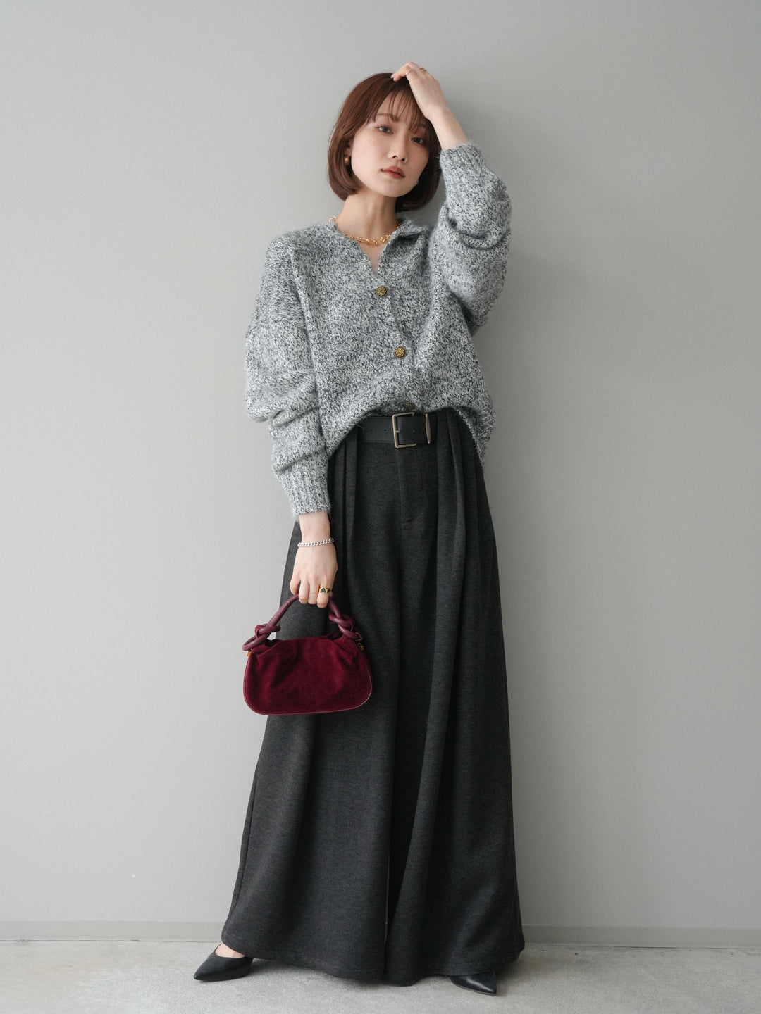 [予約]ベルトデザインループウールワイドパンツ(ベルト付)/gray