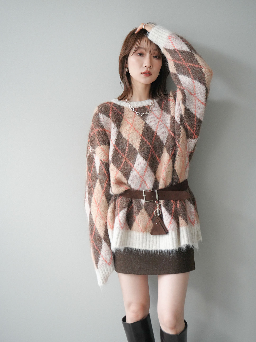 [予約]モヘアタッチアーガイル柄オーバーニットプルオーバー/brown