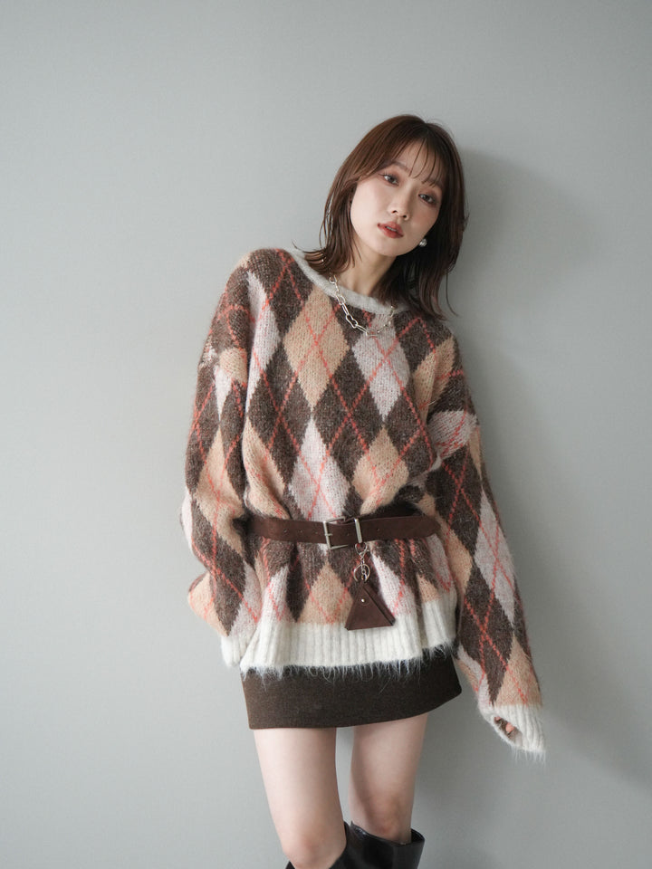 [予約]モヘアタッチアーガイル柄オーバーニットプルオーバー/brown