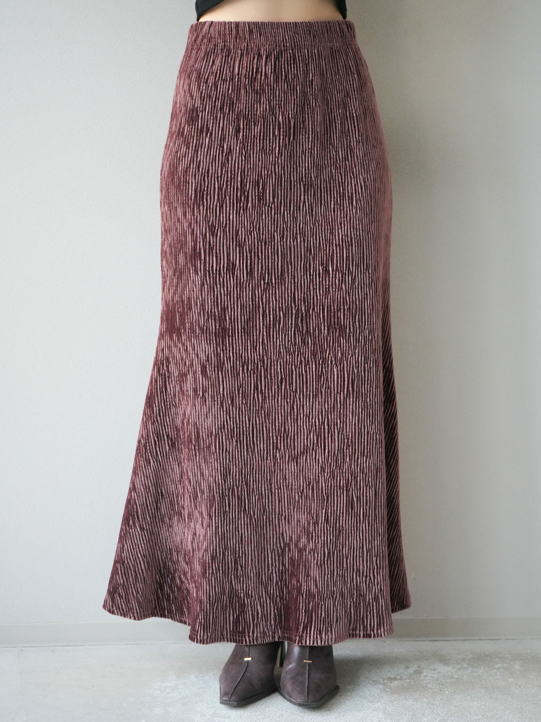 [予約]ベロアプリーツナロースカート/ボルドー
