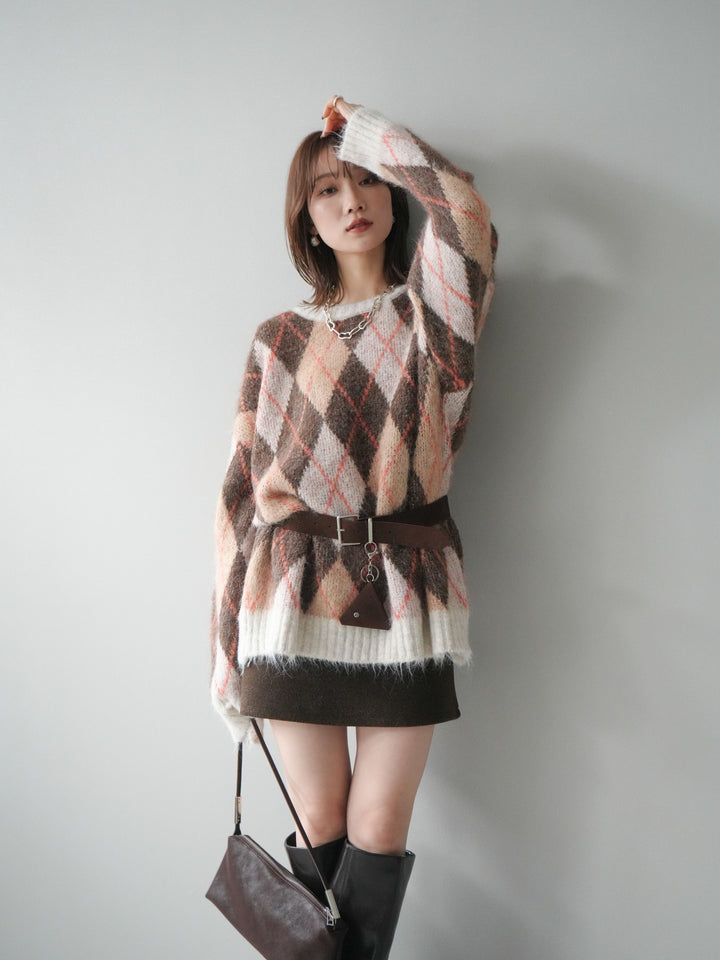[予約]モヘアタッチアーガイル柄オーバーニットプルオーバー/brown