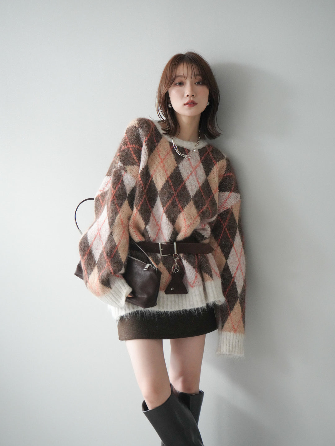 [予約]モヘアタッチアーガイル柄オーバーニットプルオーバー/brown