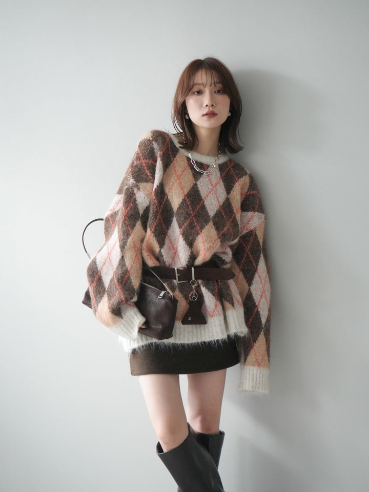 [予約]モヘアタッチアーガイル柄オーバーニットプルオーバー/brown