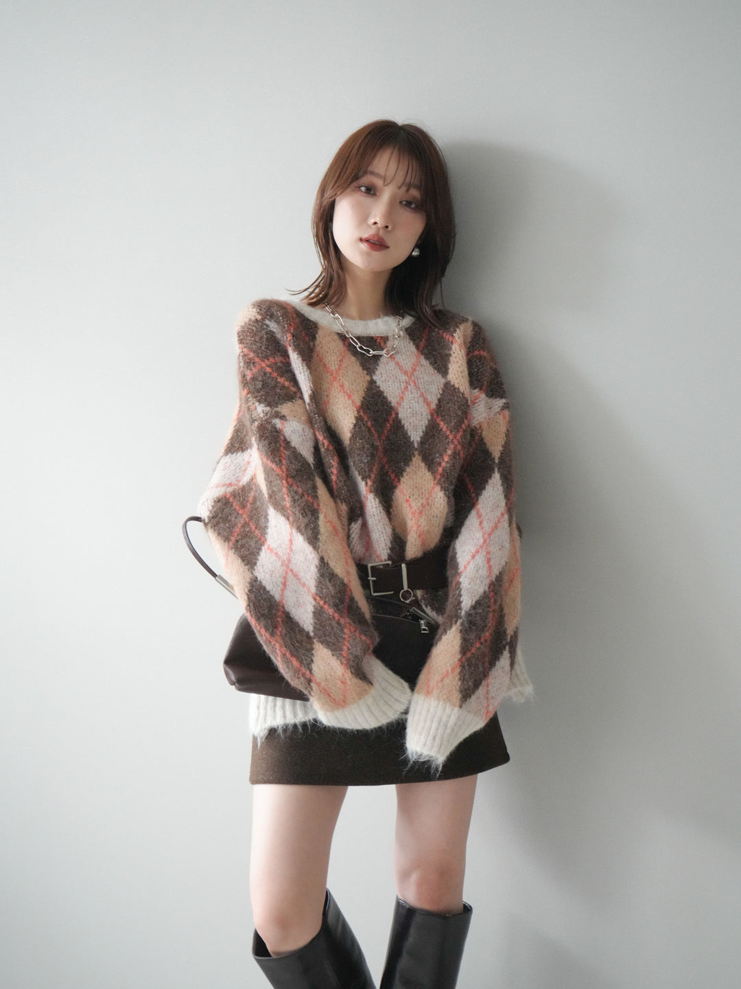 [予約]モヘアタッチアーガイル柄オーバーニットプルオーバー/brown