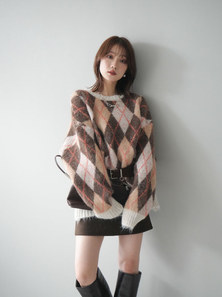 [予約]モヘアタッチアーガイル柄オーバーニットプルオーバー/brown