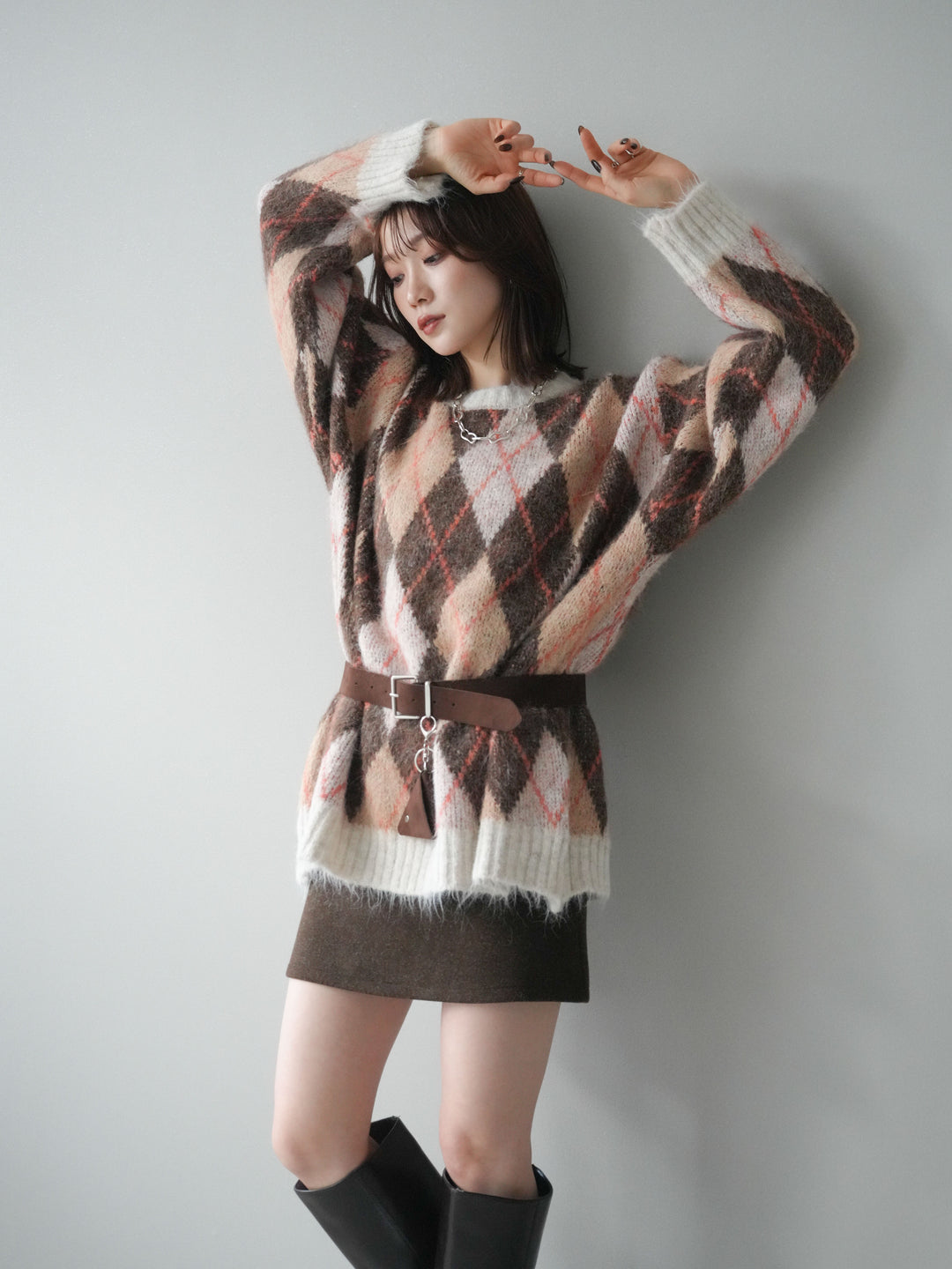 [予約]モヘアタッチアーガイル柄オーバーニットプルオーバー/brown